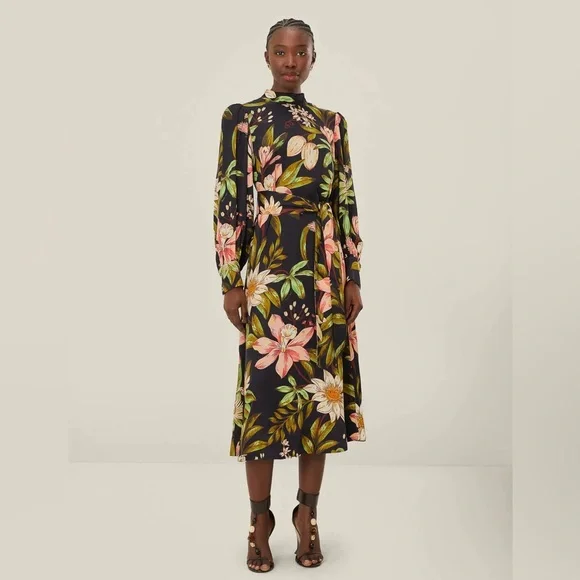 farm rio long-sleeve floral midi dress FARM RIO MIDI LONG SLEEVE DRESS IN LARGE FLORAL PRINT SMOKED BODICE M